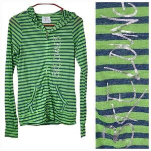 BKE LOUNGE Full Zip Lightweight Hoodie Top Green/Blue Stripes Long Sleeve Shirt